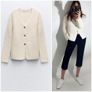 ZARA Structured Wool & Alpaca Blend Knit Cardigan SZ M Ecru NWT